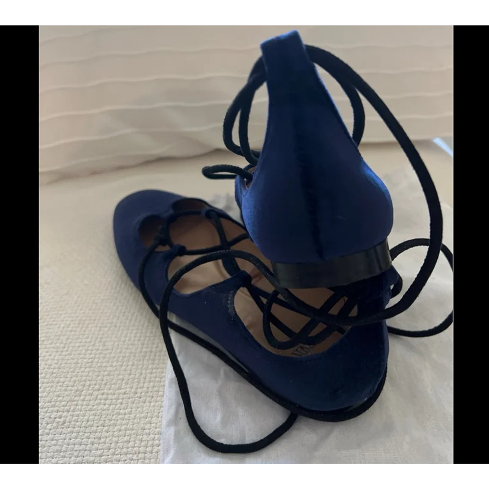 ZARA Velvet Ballet Flats NWT | Ankle Wrap Tie Closure Navy Blue 7.5–9 - Picture 6 of 16